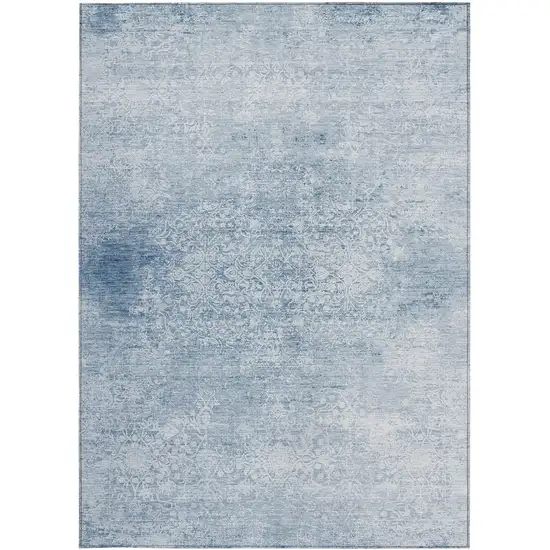 Sky Blue And Ivory Floral Medallion Washable Indoor Outdoor Area Rug Photo 1