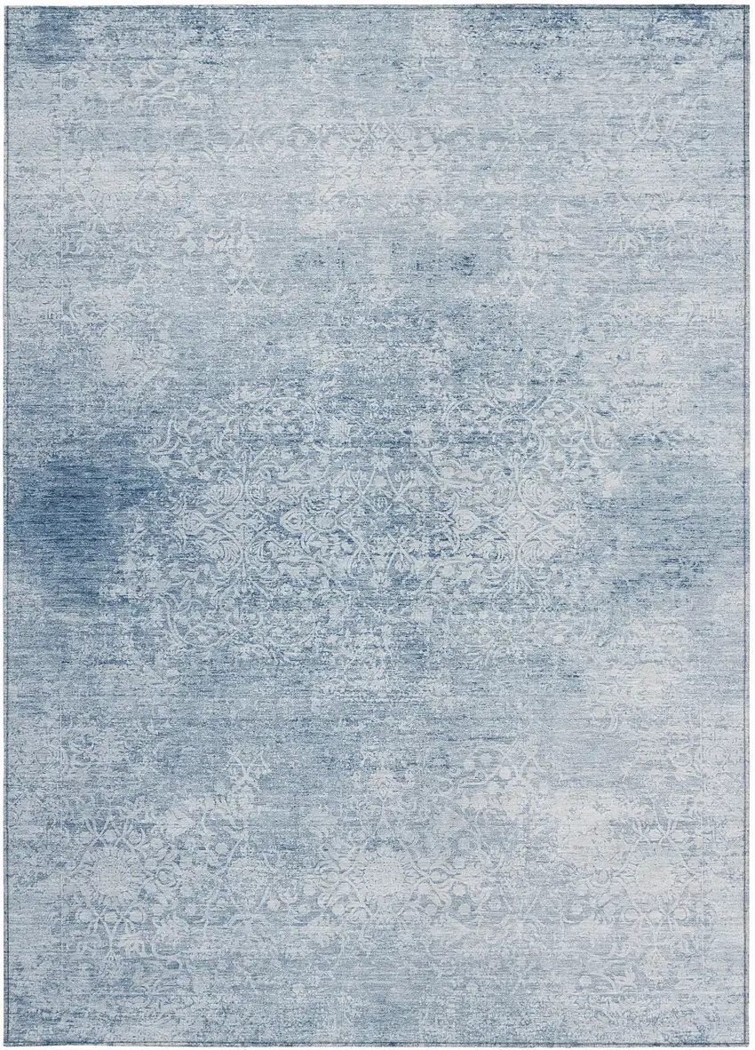 Sky Blue And Ivory Floral Medallion Washable Indoor Outdoor Area Rug Photo 1