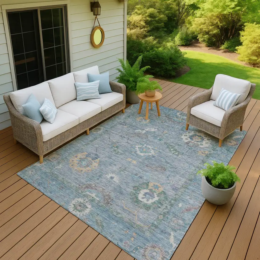 Sky Blue And Ivory Floral Medallion Washable Indoor Outdoor Area Rug Photo 8