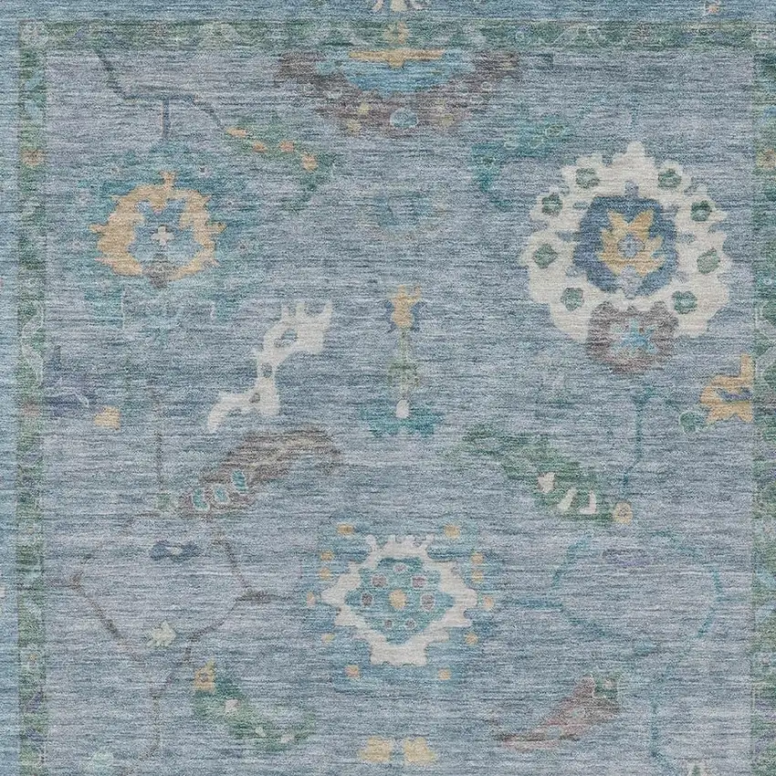 Sky Blue And Ivory Floral Medallion Washable Indoor Outdoor Area Rug Photo 4