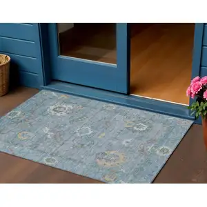 Photo of Sky Blue And Ivory Floral Medallion Washable Indoor Outdoor Area Rug