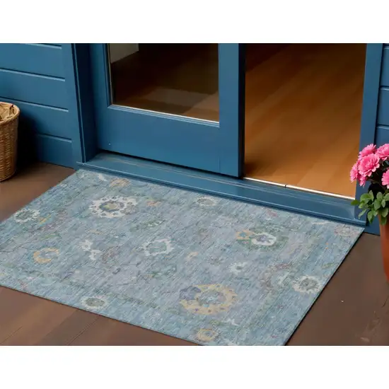 Sky Blue And Ivory Floral Medallion Washable Indoor Outdoor Area Rug Photo 1