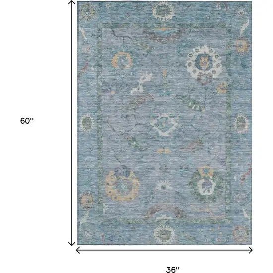 Sky Blue And Ivory Floral Medallion Washable Indoor Outdoor Area Rug Photo 3