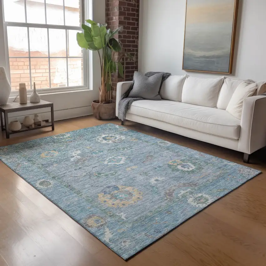 Sky Blue And Ivory Floral Medallion Washable Indoor Outdoor Area Rug Photo 9