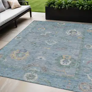 Photo of Sky Blue And Ivory Floral Medallion Washable Indoor Outdoor Area Rug