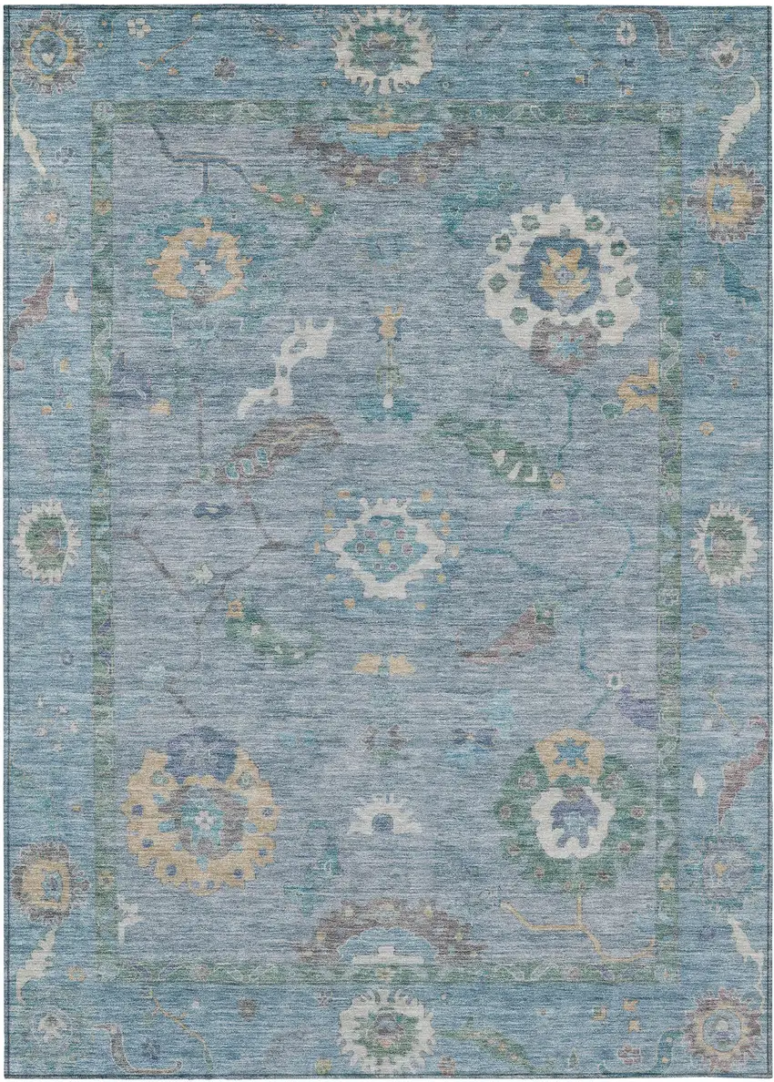 Sky Blue And Ivory Floral Medallion Washable Indoor Outdoor Area Rug Photo 2