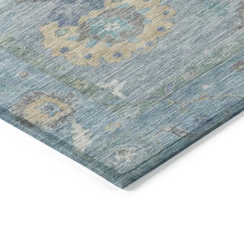 Sky Blue And Ivory Floral Medallion Washable Indoor Outdoor Area Rug Photo 5