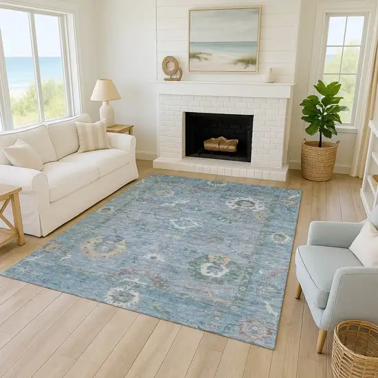 Sky Blue And Ivory Floral Medallion Washable Indoor Outdoor Area Rug Photo 9