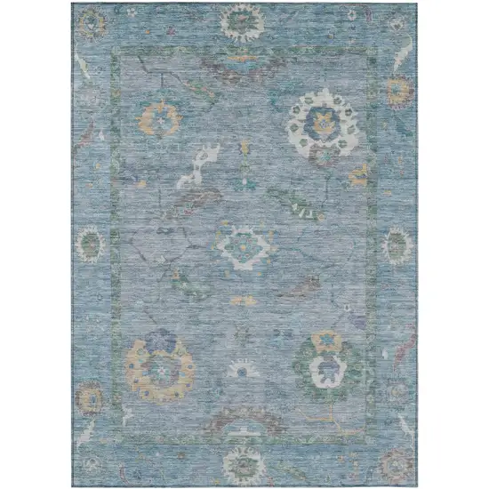Sky Blue And Ivory Floral Medallion Washable Indoor Outdoor Area Rug Photo 2