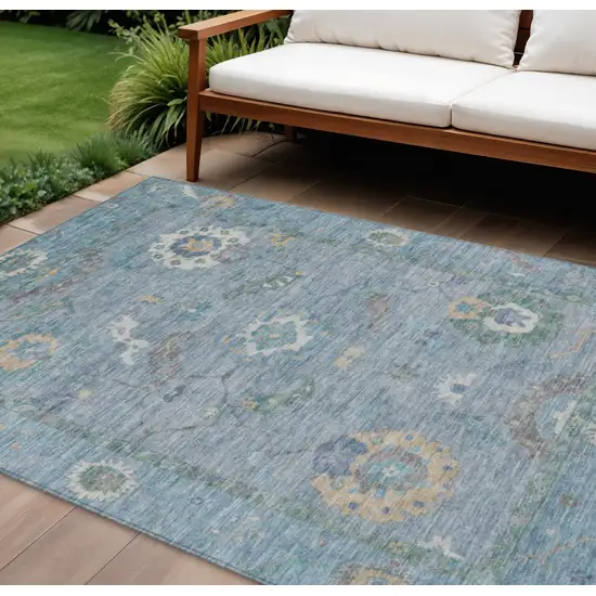Sky Blue And Ivory Floral Medallion Washable Indoor Outdoor Area Rug Photo 1