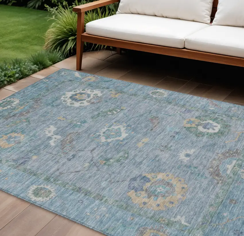 Sky Blue And Ivory Floral Medallion Washable Indoor Outdoor Area Rug Photo 1