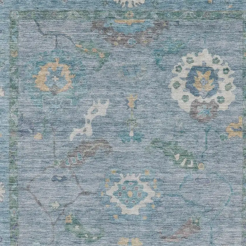 Sky Blue And Ivory Floral Medallion Washable Indoor Outdoor Area Rug Photo 4