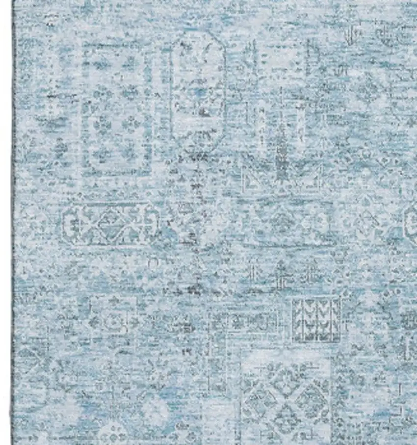 Sky Blue And Ivory Floral Washable Area Rug With UV Protection Photo 4