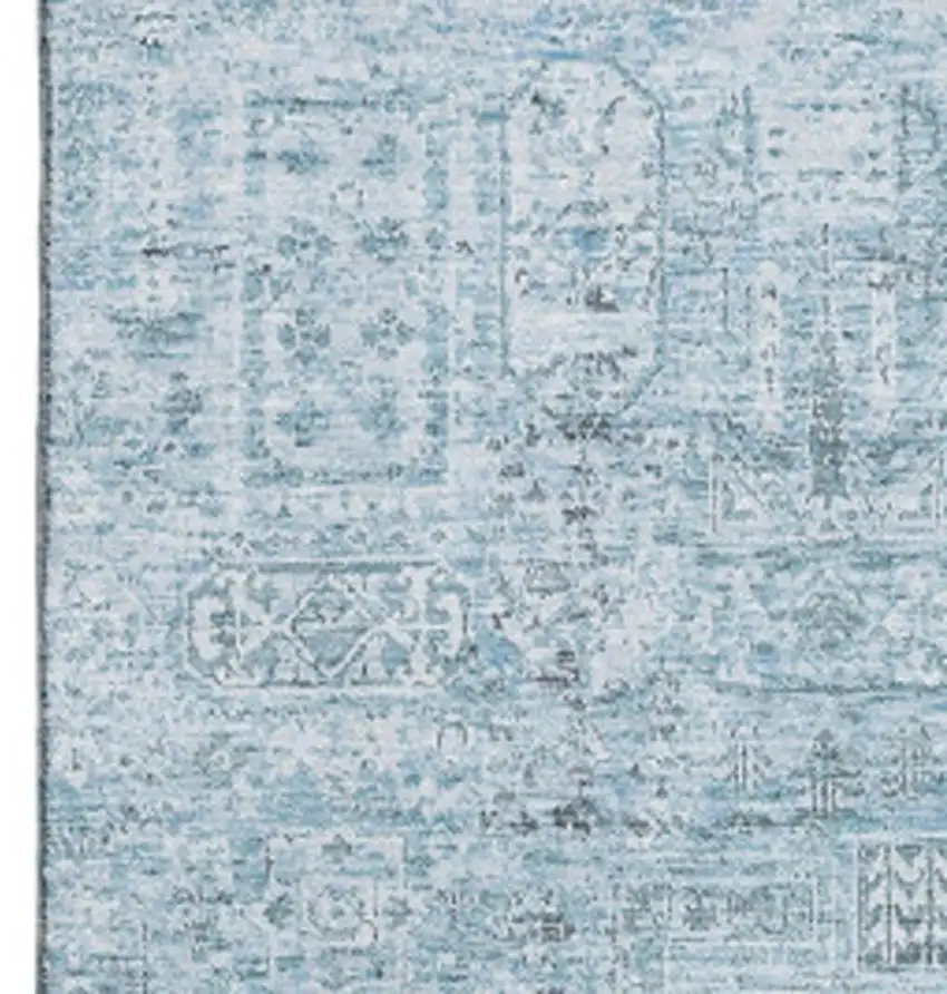 Sky Blue And Ivory Floral Washable Area Rug With UV Protection Photo 3