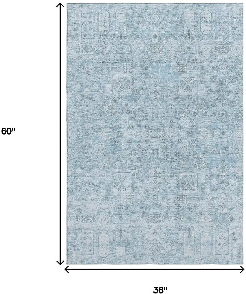 Sky Blue And Ivory Floral Washable Area Rug With UV Protection Photo 3