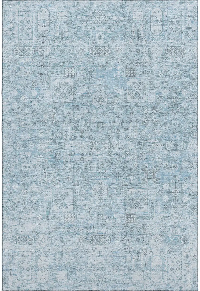 Sky Blue And Ivory Floral Washable Area Rug With UV Protection Photo 1