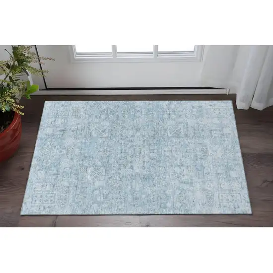 Sky Blue And Ivory Floral Washable Area Rug With UV Protection Photo 2