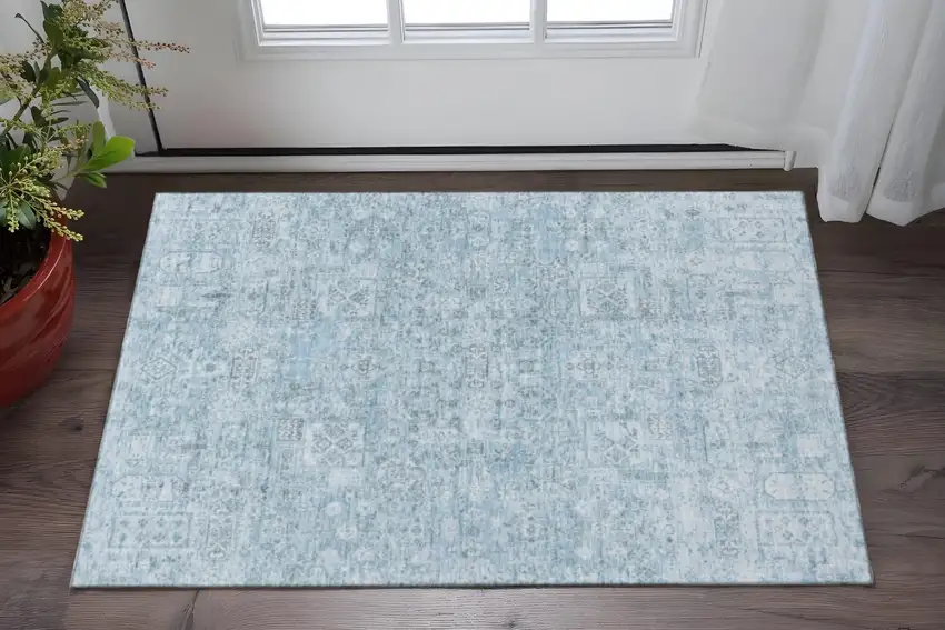 Sky Blue And Ivory Floral Washable Area Rug With UV Protection Photo 2