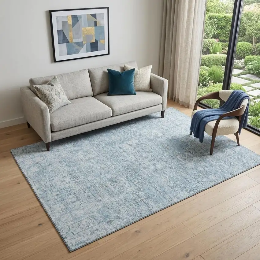 Sky Blue And Ivory Floral Washable Area Rug With UV Protection Photo 1