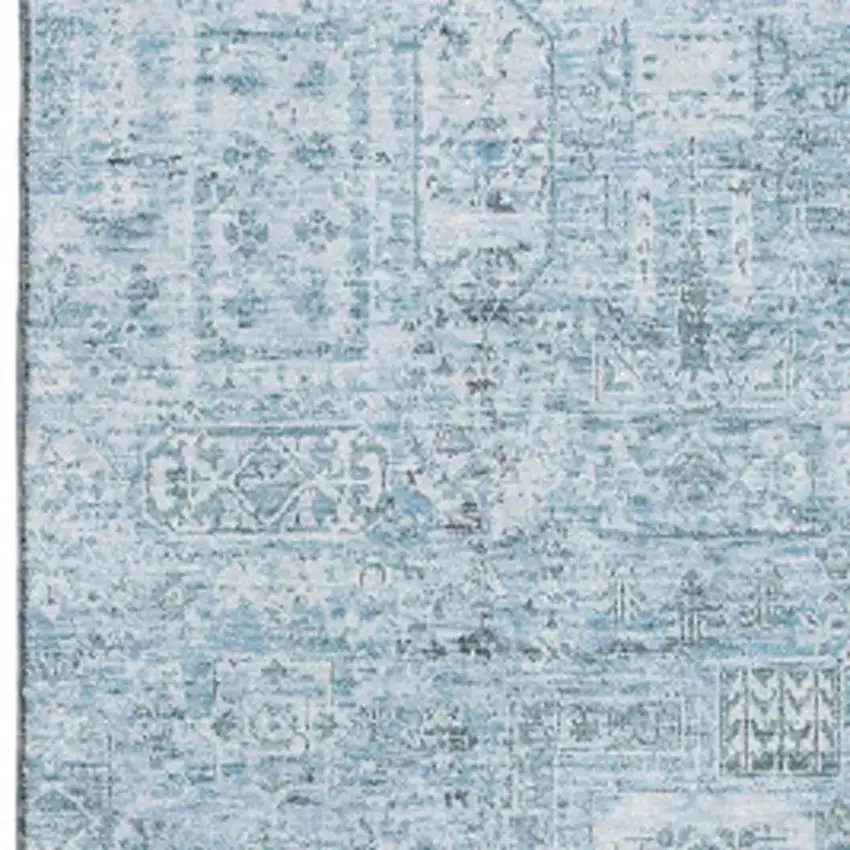 Sky Blue And Ivory Floral Washable Area Rug With UV Protection Photo 3