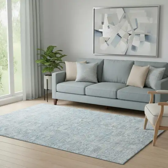 Sky Blue And Ivory Floral Washable Area Rug With UV Protection Photo 2