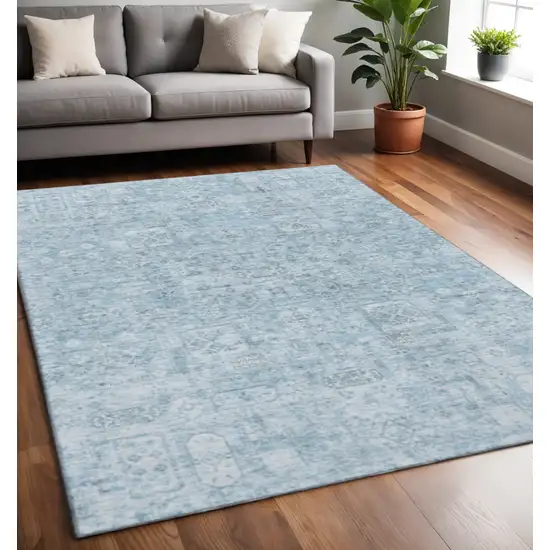 Sky Blue And Ivory Floral Washable Area Rug With UV Protection Photo 2