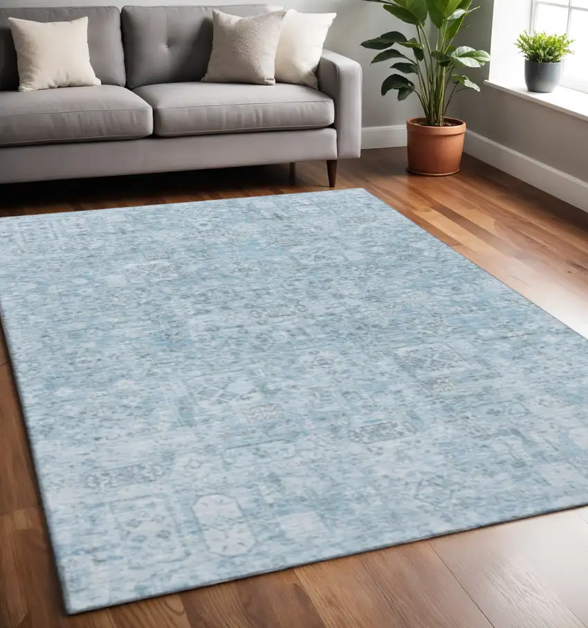 Sky Blue And Ivory Floral Washable Area Rug With UV Protection Photo 2