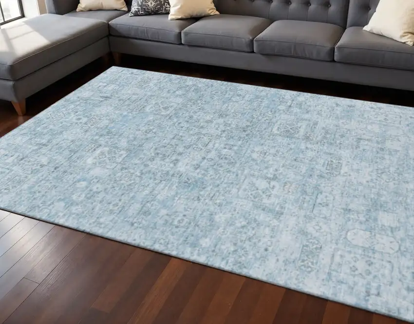 Sky Blue And Ivory Floral Washable Area Rug With UV Protection Photo 2