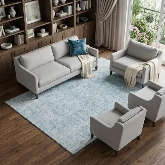 Sky Blue And Ivory Floral Washable Area Rug With UV Protection Photo 1