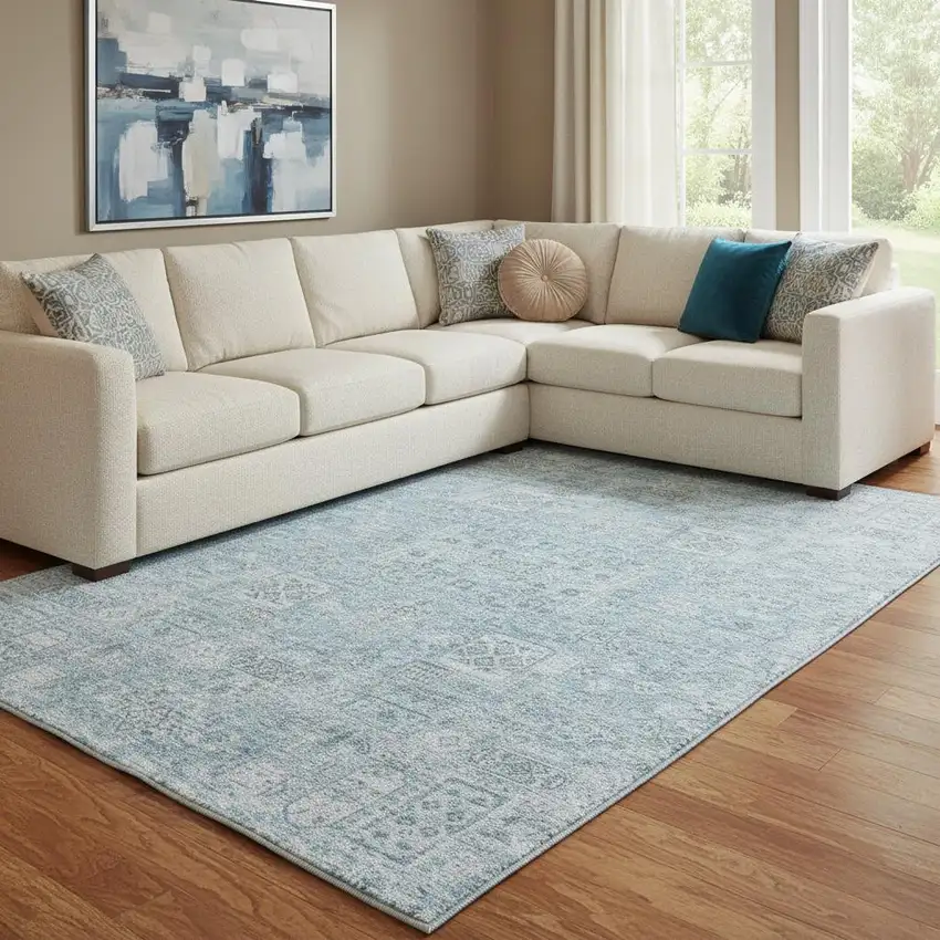 Sky Blue And Ivory Floral Washable Area Rug With UV Protection Photo 1