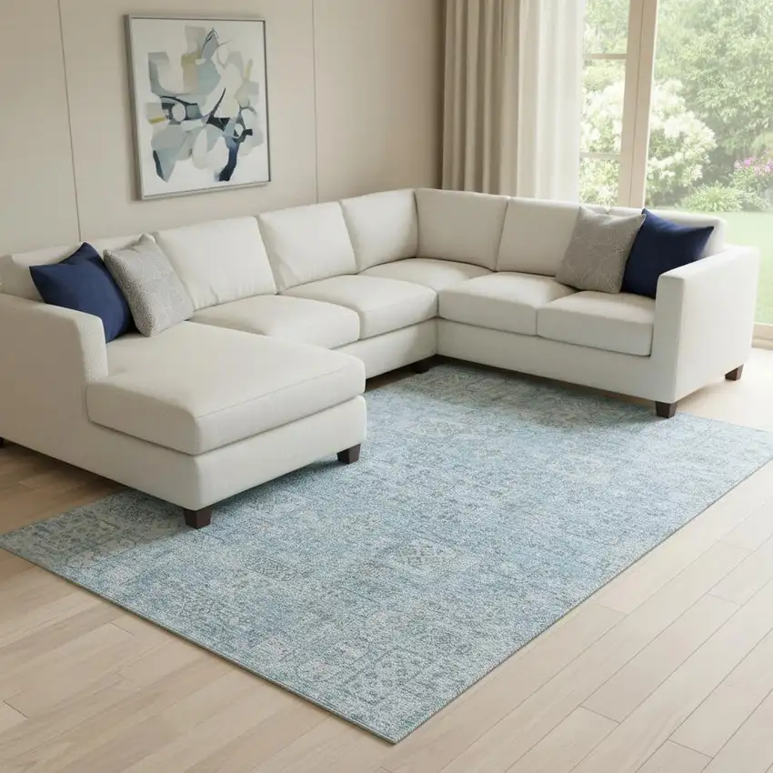 Sky Blue And Ivory Floral Washable Area Rug With UV Protection Photo 1