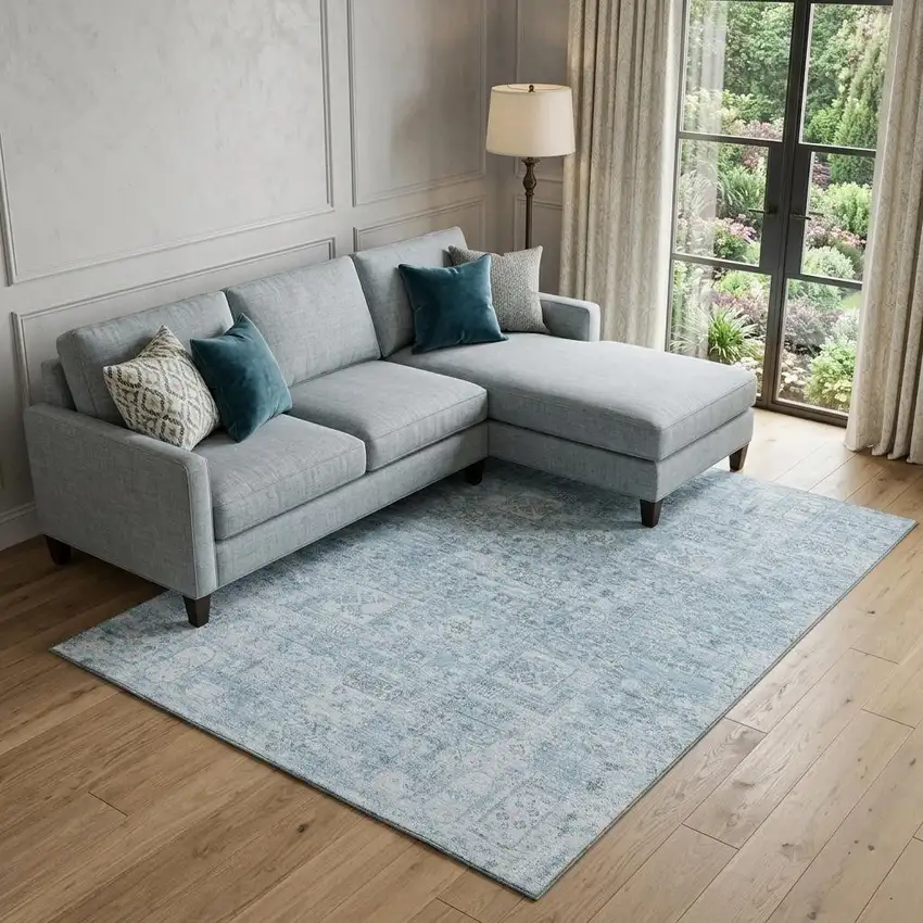 Sky Blue And Ivory Floral Washable Area Rug With UV Protection Photo 1