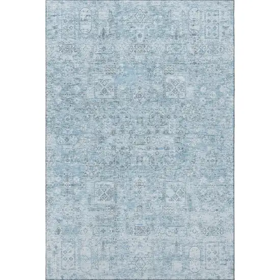 Sky Blue And Ivory Floral Washable Area Rug With UV Protection Photo 4