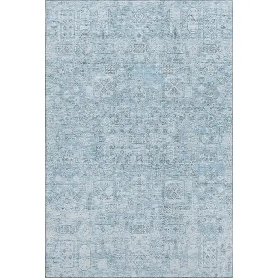 Sky Blue And Ivory Floral Washable Area Rug With UV Protection Photo 1