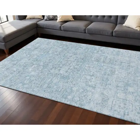 Sky Blue And Ivory Floral Washable Area Rug With UV Protection Photo 2