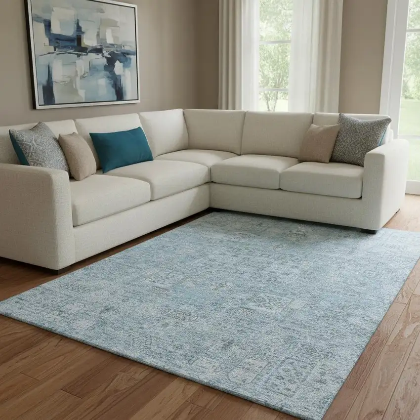 Sky Blue And Ivory Floral Washable Area Rug With UV Protection Photo 1