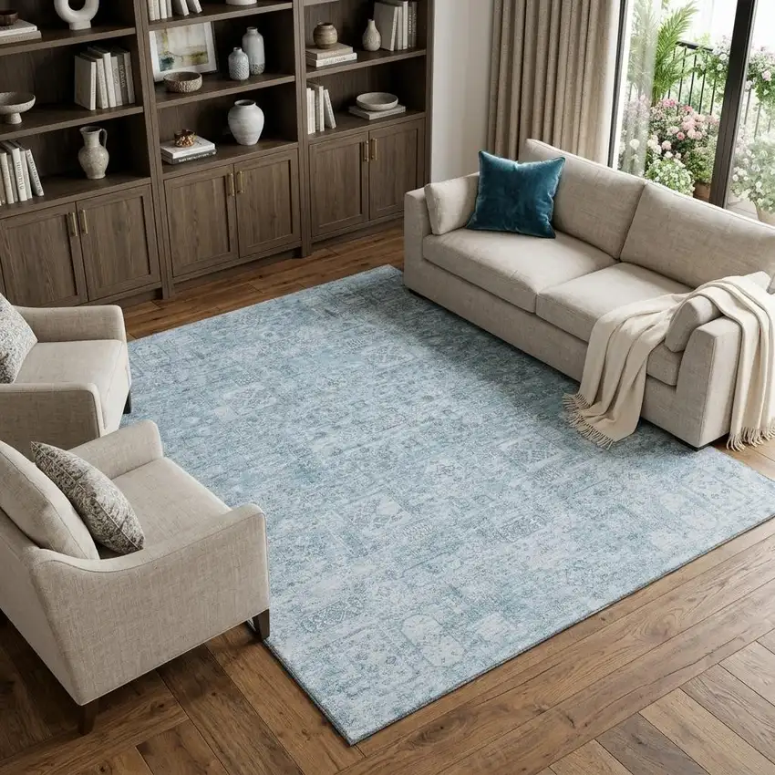 Sky Blue And Ivory Floral Washable Area Rug With UV Protection Photo 1