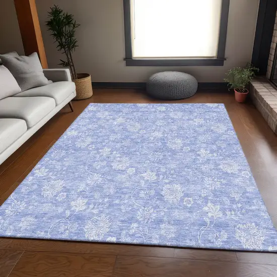 Sky Blue And Ivory Floral Washable Area Rug With UV Protection Photo 3