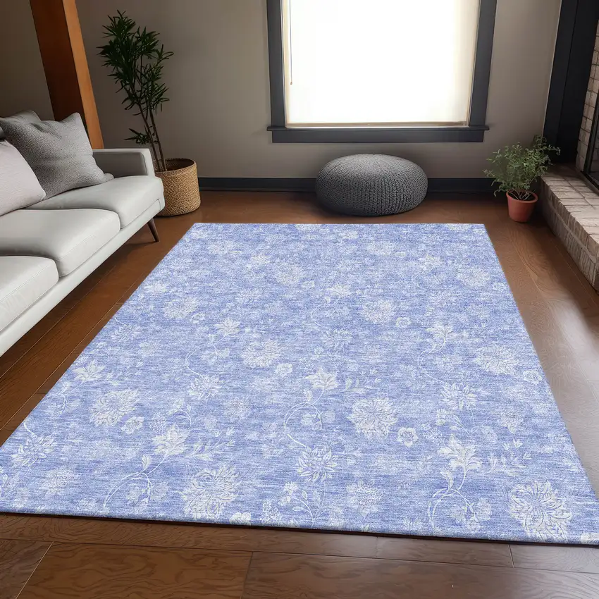 Sky Blue And Ivory Floral Washable Area Rug With UV Protection Photo 3