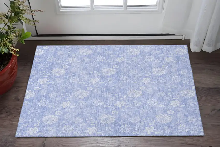 Sky Blue And Ivory Floral Washable Area Rug With UV Protection Photo 2
