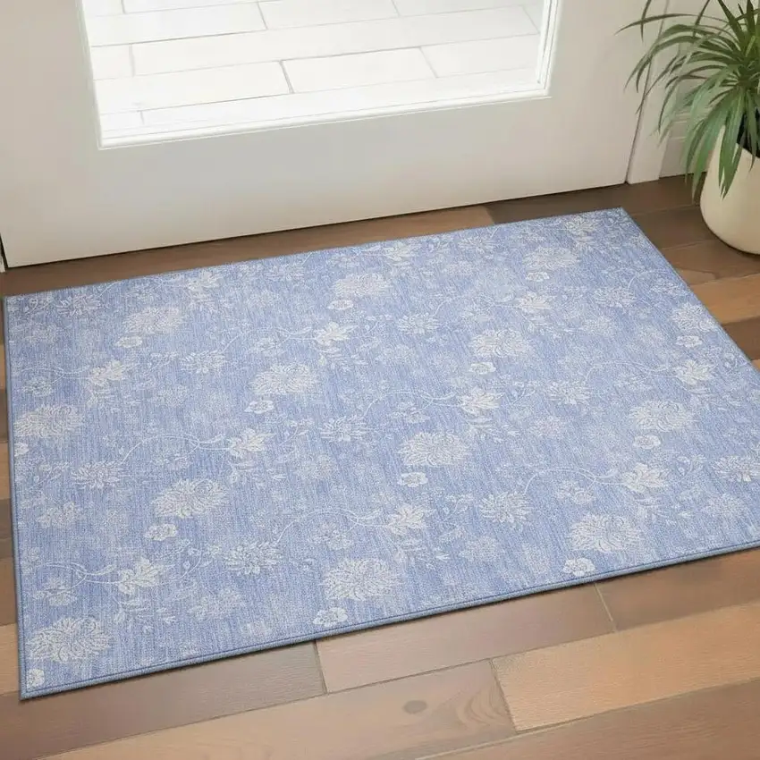 Sky Blue And Ivory Floral Washable Area Rug With UV Protection Photo 1
