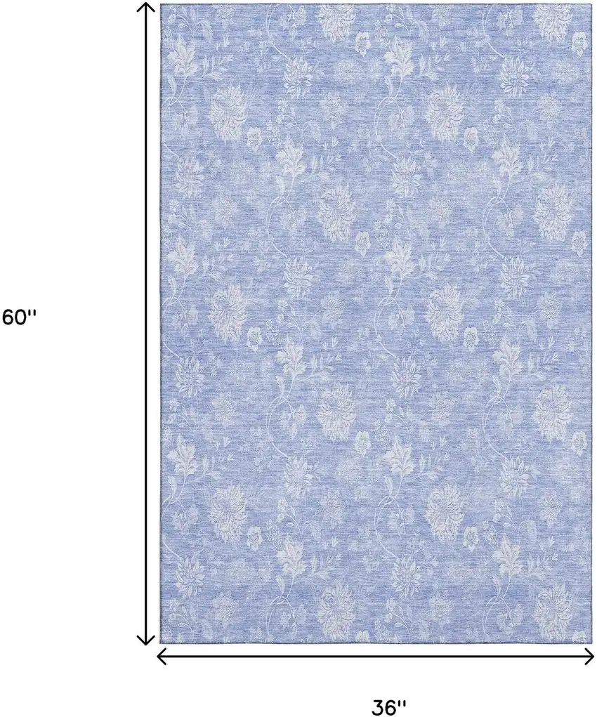 Sky Blue And Ivory Floral Washable Area Rug With UV Protection Photo 5