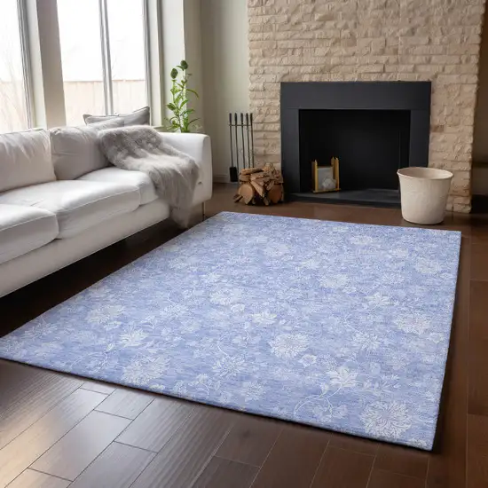 Sky Blue And Ivory Floral Washable Area Rug With UV Protection Photo 4