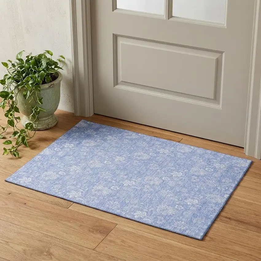 Sky Blue And Ivory Floral Washable Area Rug With UV Protection Photo 1