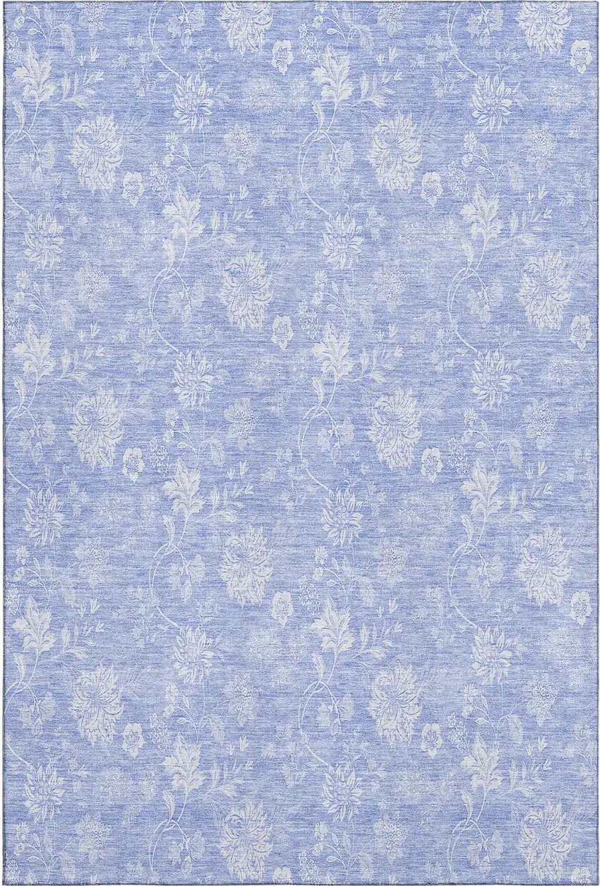 Sky Blue And Ivory Floral Washable Area Rug With UV Protection Photo 2