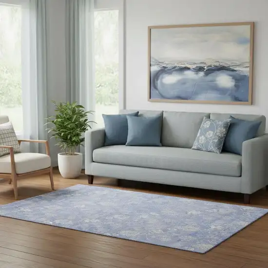 Sky Blue And Ivory Floral Washable Area Rug With UV Protection Photo 1