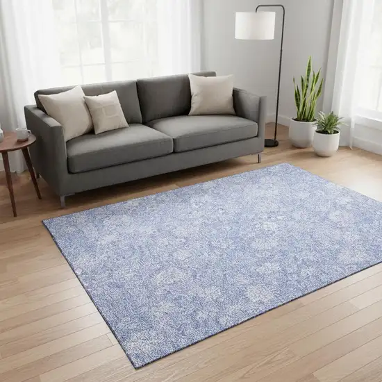 Sky Blue And Ivory Floral Washable Area Rug With UV Protection Photo 3