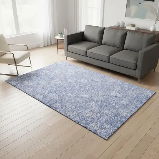 Sky Blue And Ivory Floral Washable Area Rug With UV Protection Photo 1