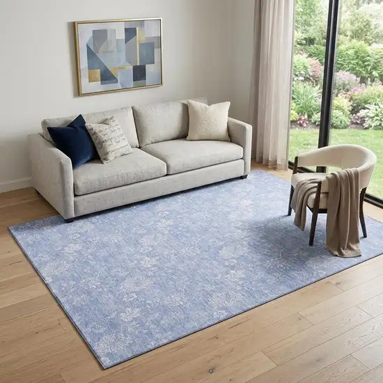 Sky Blue And Ivory Floral Washable Area Rug With UV Protection Photo 1
