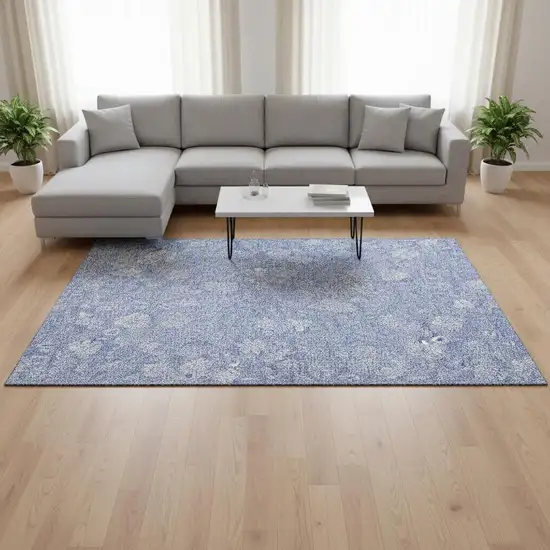 Sky Blue And Ivory Floral Washable Area Rug With UV Protection Photo 3